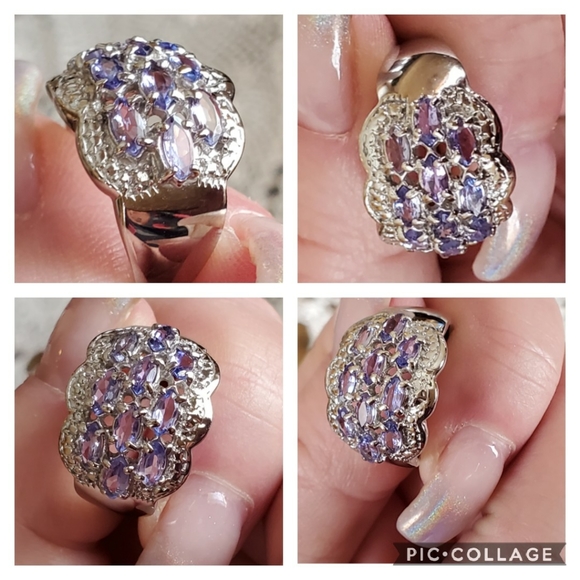 Genuine 5ct Tanzanite Cluster Ring Size 8 - Picture 4 of 7